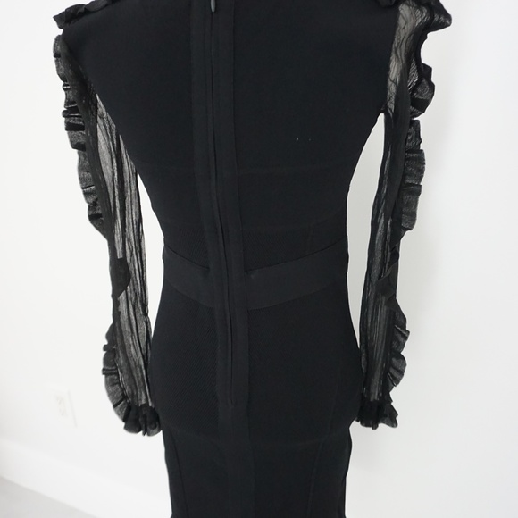 Herve Leger Black Ruffle Sheer Sleeve Corset Midi Dress Evening Cocktail Holiday - Picture 6 of 16
